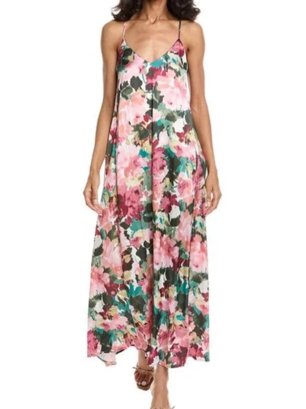 Tahari ASL Pink Green Abstract Watercolor Floral Satin Maxi Slip Dress Medium